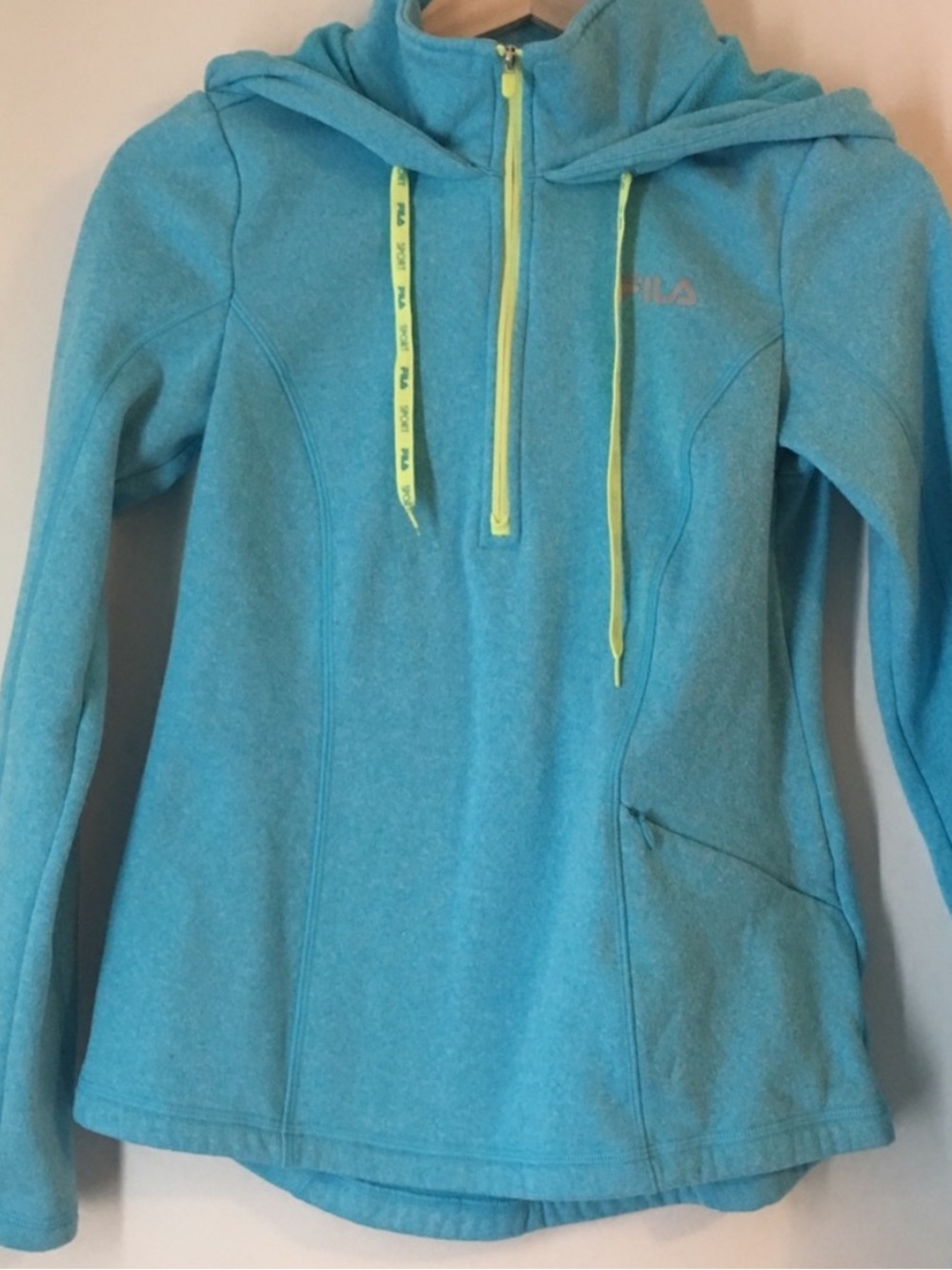 FILA teal blue with neon yellow accents pullover athletic hoodie sweatshirt